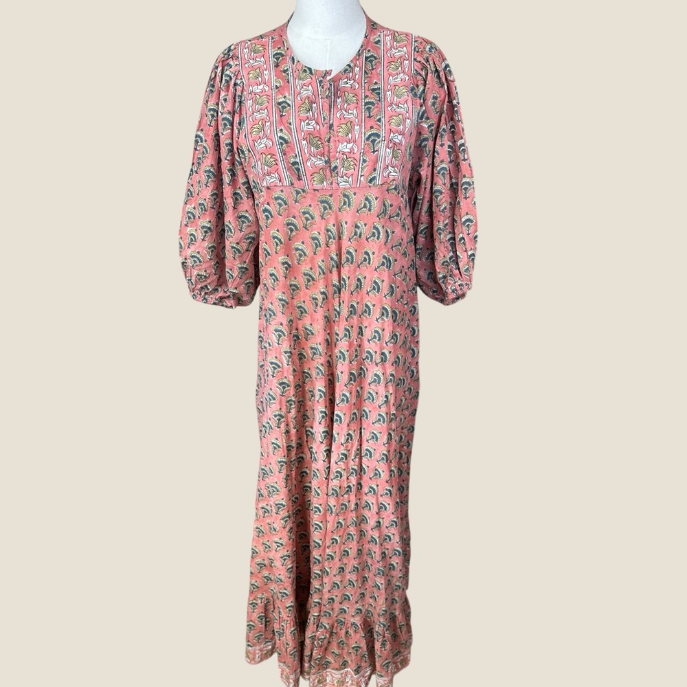 Marea‎ size 2 Pink & Green cotton block print Ruffled Tiered Maxi Dress